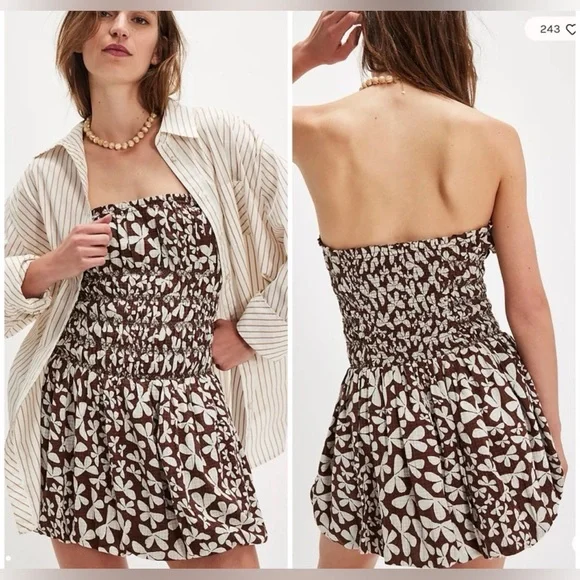 Free People Brown & White Floral Smocked Strapless Bubble Dress - Picture 2 of 14